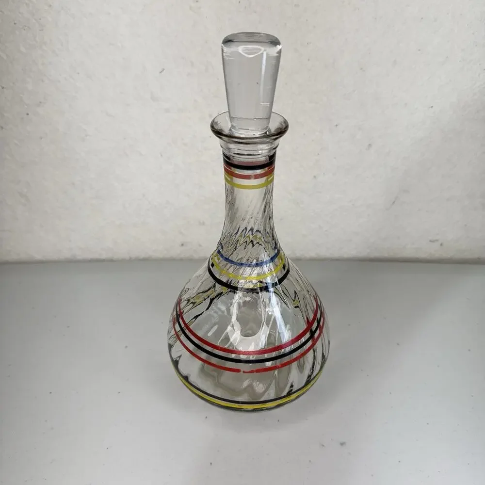 Anchor Hocking Depression Glass Decanter & Stopper Red Yellow Black Banded Rings